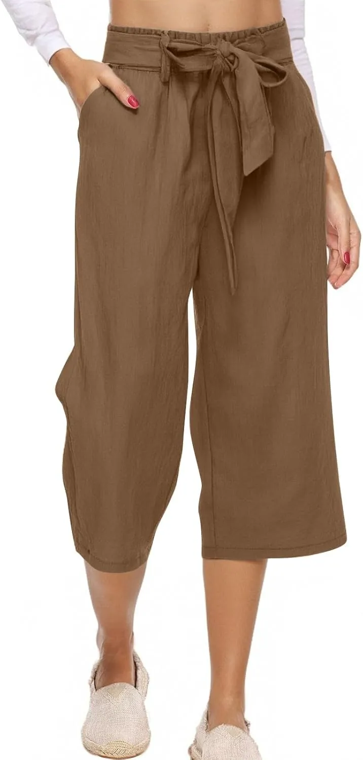 Plus Size Capris for Women Knot Tie High Waisted Linen Capri Pants Lightweight Summer Crop Paperbag Pants with Pocket
