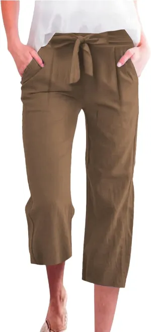 Plus Size Capris for Women Knot Tie High Waisted Linen Capri Pants Lightweight Summer Crop Paperbag Pants with Pocket