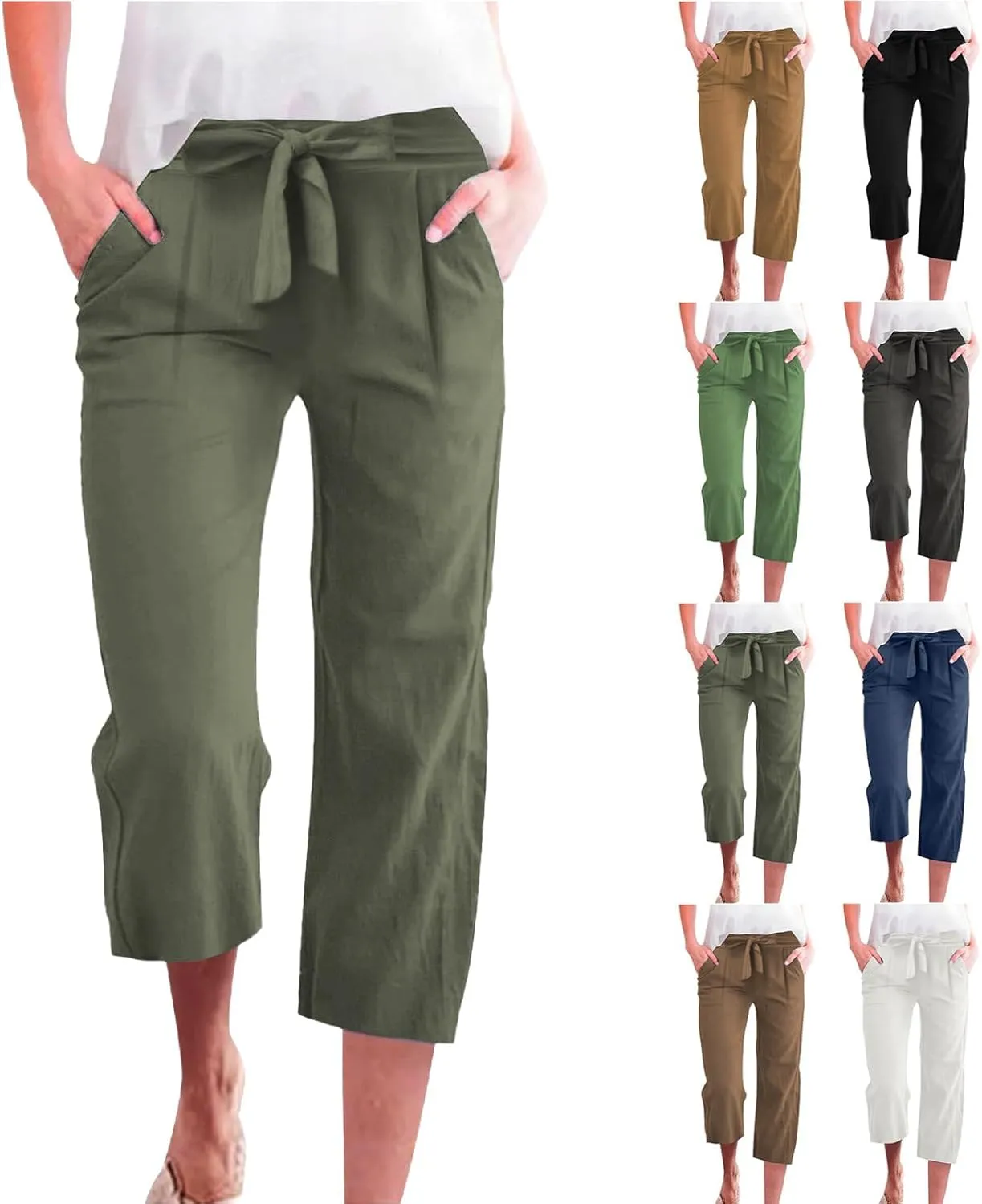 Plus Size Capris for Women Knot Tie High Waisted Linen Capri Pants Lightweight Summer Crop Paperbag Pants with Pocket