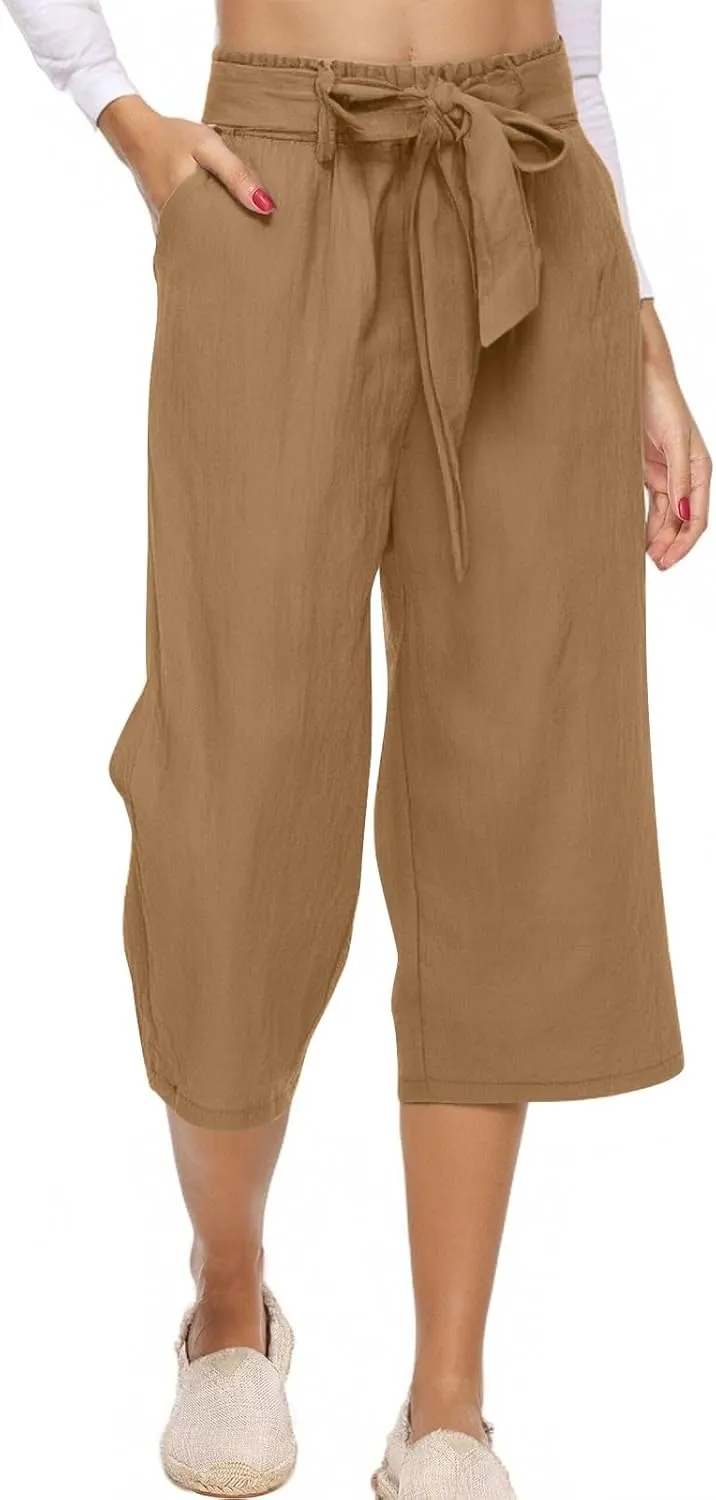 Plus Size Capris for Women Knot Tie High Waisted Linen Capri Pants Lightweight Summer Crop Paperbag Pants with Pocket