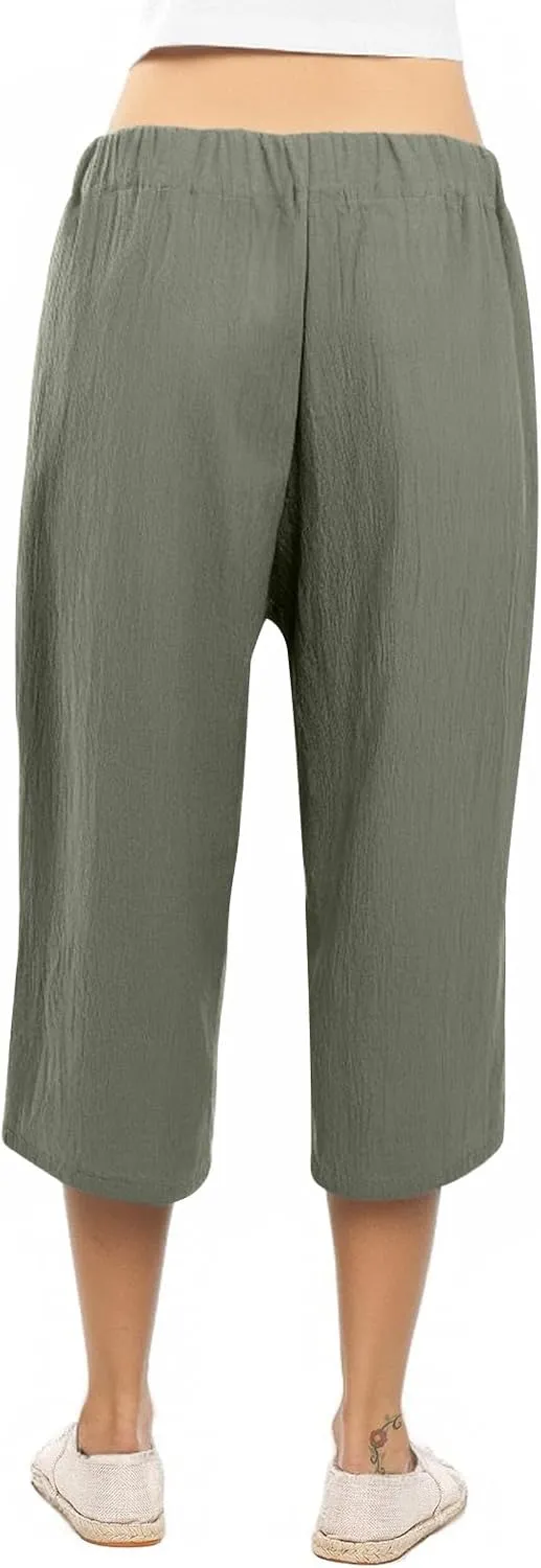 Plus Size Capris for Women Knot Tie High Waisted Linen Capri Pants Lightweight Summer Crop Paperbag Pants with Pocket