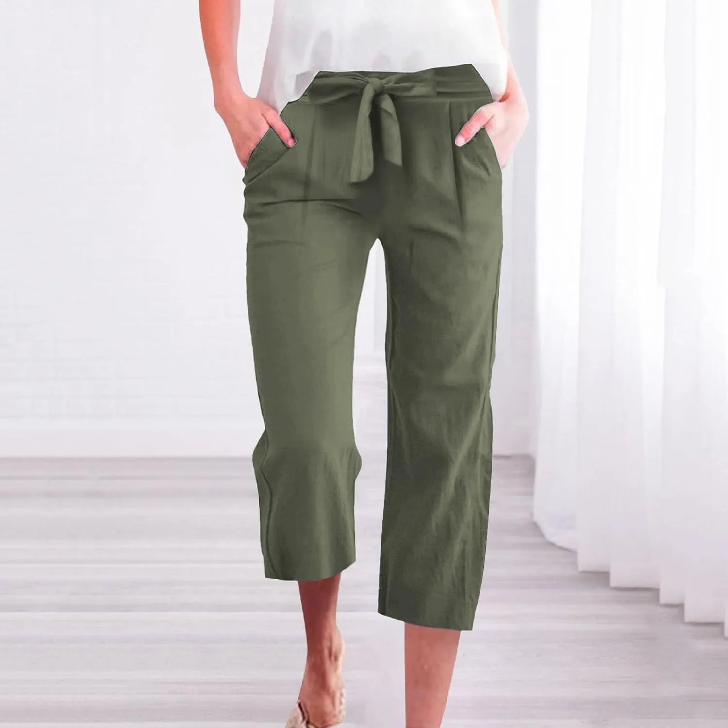 Plus Size Capris for Women Knot Tie High Waisted Linen Capri Pants Lightweight Summer Crop Paperbag Pants with Pocket