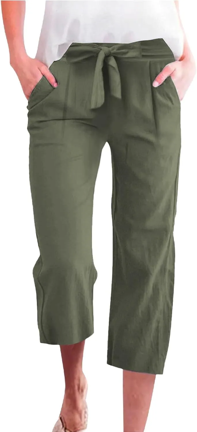 Plus Size Capris for Women Knot Tie High Waisted Linen Capri Pants Lightweight Summer Crop Paperbag Pants with Pocket