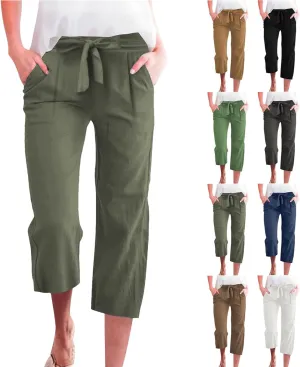 Plus Size Capris for Women Knot Tie High Waisted Linen Capri Pants Lightweight Summer Crop Paperbag Pants with Pocket