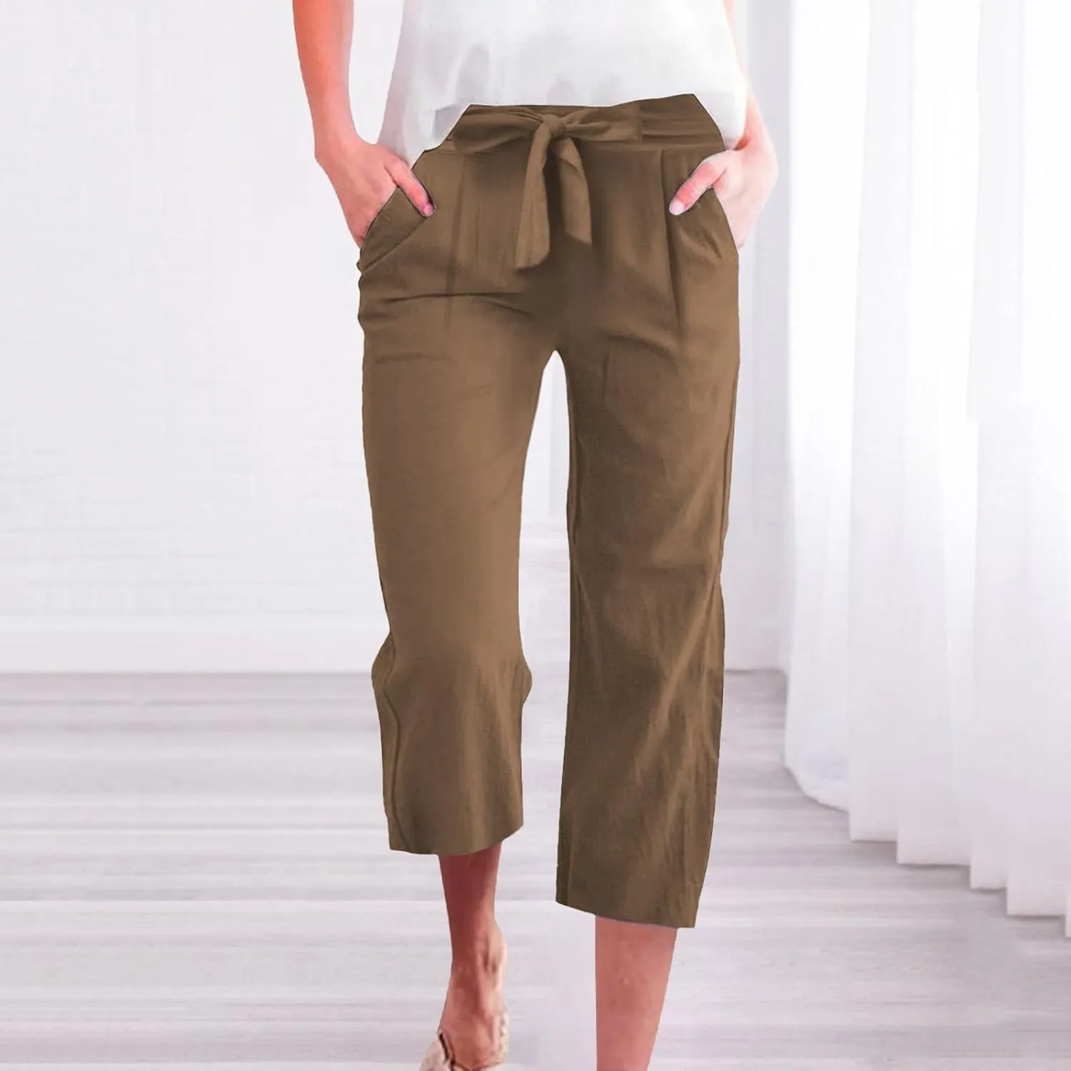 Plus Size Capris for Women Knot Tie High Waisted Linen Capri Pants Lightweight Summer Crop Paperbag Pants with Pocket