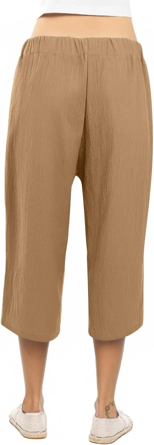 Plus Size Capris for Women Knot Tie High Waisted Linen Capri Pants Lightweight Summer Crop Paperbag Pants with Pocket
