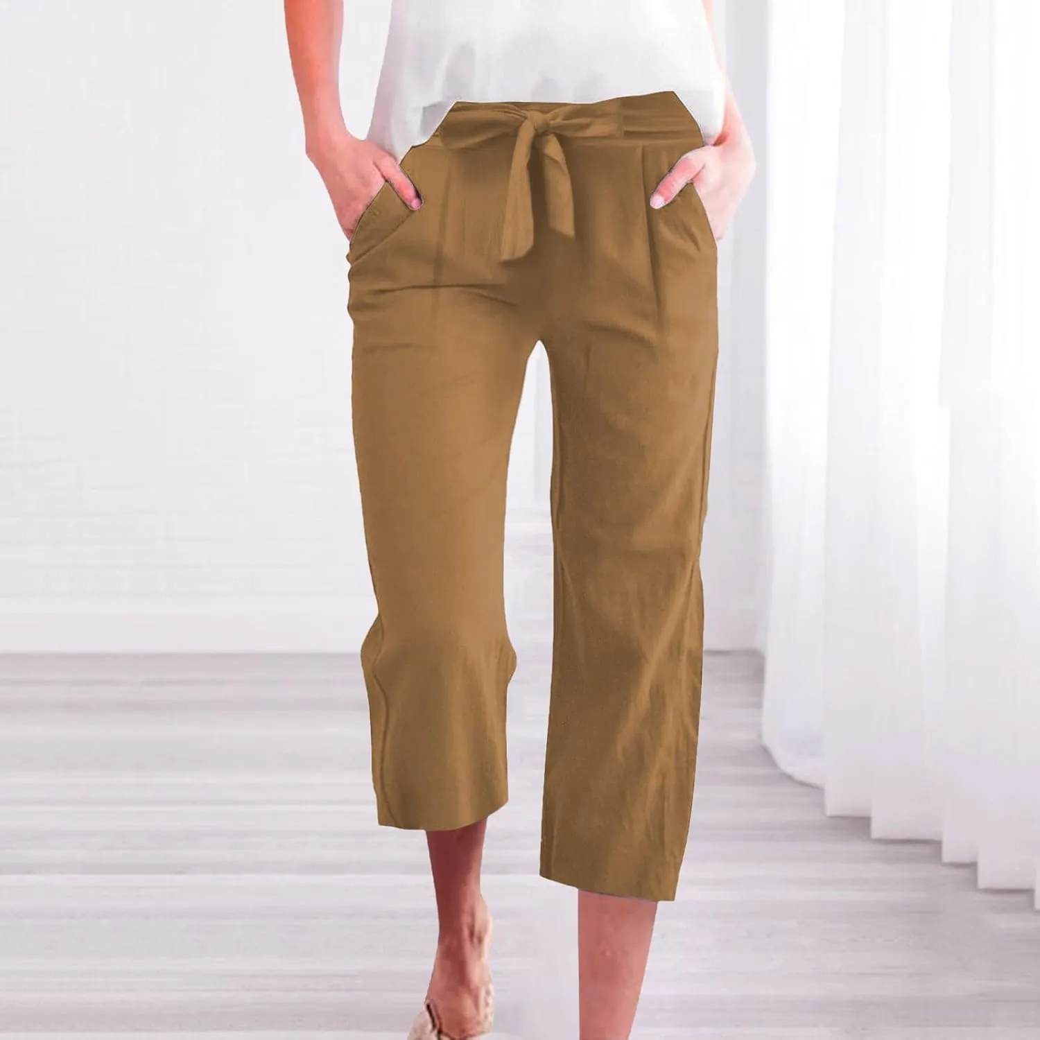 Plus Size Capris for Women Knot Tie High Waisted Linen Capri Pants Lightweight Summer Crop Paperbag Pants with Pocket