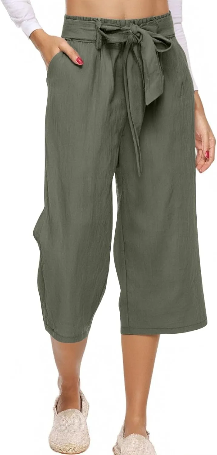 Plus Size Capris for Women Knot Tie High Waisted Linen Capri Pants Lightweight Summer Crop Paperbag Pants with Pocket