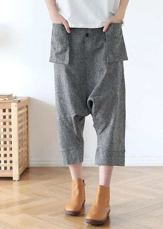 Plus Size Grey Asymmetrical Design Pockets Cotton Crop Pants