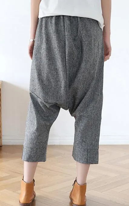 Plus Size Grey Asymmetrical Design Pockets Cotton Crop Pants