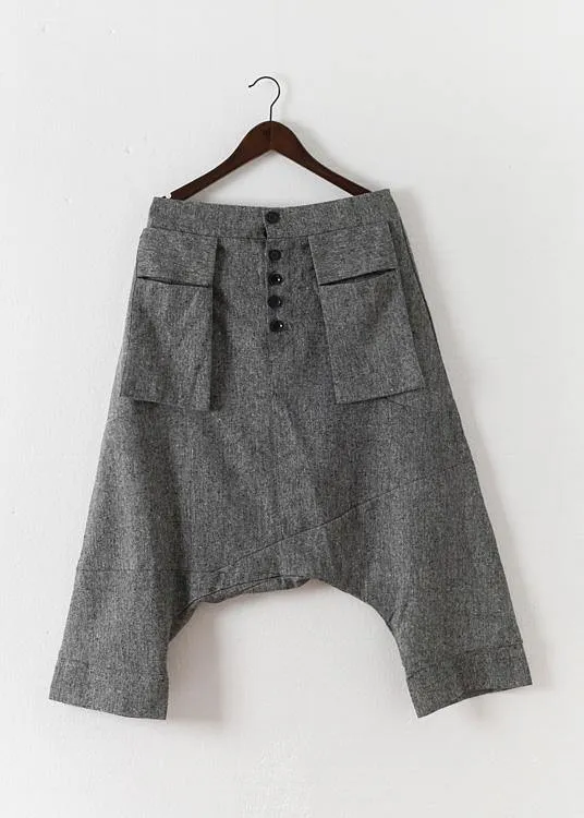 Plus Size Grey Asymmetrical Design Pockets Cotton Crop Pants