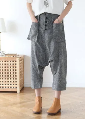 Plus Size Grey Asymmetrical Design Pockets Cotton Crop Pants