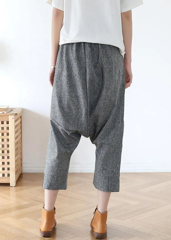 Plus Size Grey Asymmetrical Design Pockets Cotton Crop Pants