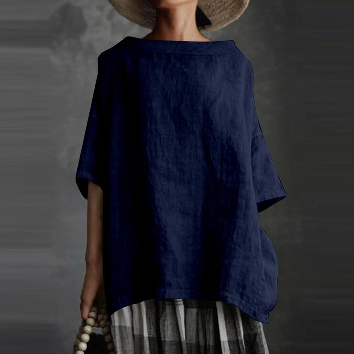 Plus Size Linen Shirts for Women Summer Short Sleeve Tops Cotton Plain T Shirts Oversized Basic Tee Loose Fit Blouse
