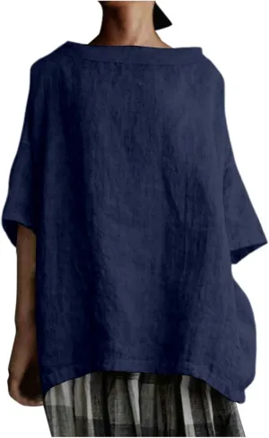 Plus Size Linen Shirts for Women Summer Short Sleeve Tops Cotton Plain T Shirts Oversized Basic Tee Loose Fit Blouse