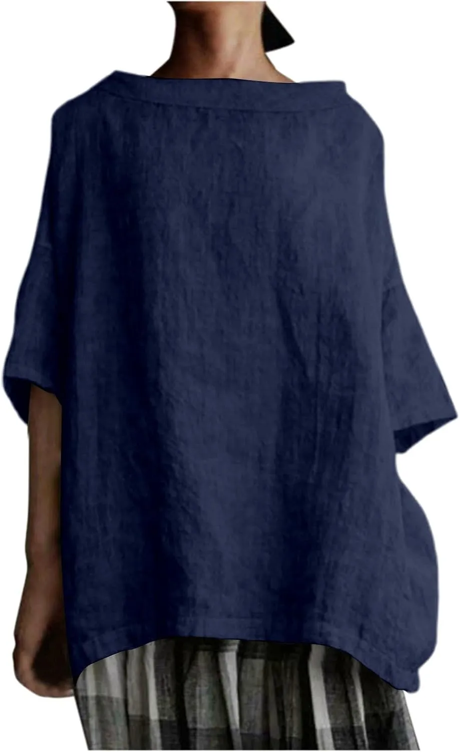 Plus Size Linen Shirts for Women Summer Short Sleeve Tops Cotton Plain T Shirts Oversized Basic Tee Loose Fit Blouse