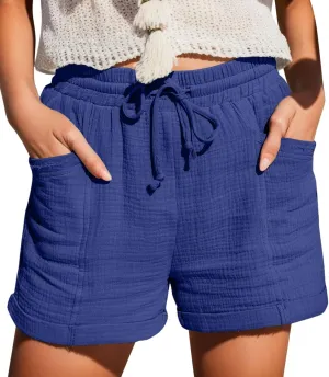 Plus Size Shorts for Women Summer Casual Comfy Linen Shorts Drawstring Elastic Waist Lightweight Hiking Shorts