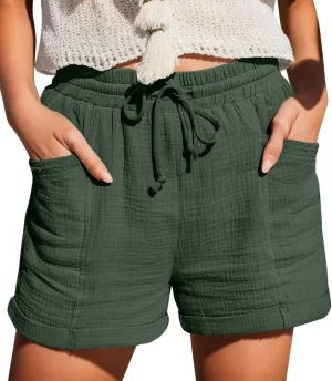 Plus Size Shorts for Women Summer Casual Comfy Linen Shorts Drawstring Elastic Waist Lightweight Hiking Shorts