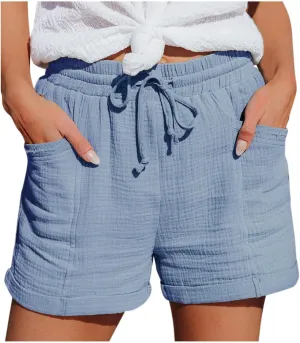 Plus Size Shorts for Women Summer Casual Comfy Linen Shorts Drawstring Elastic Waist Lightweight Hiking Shorts