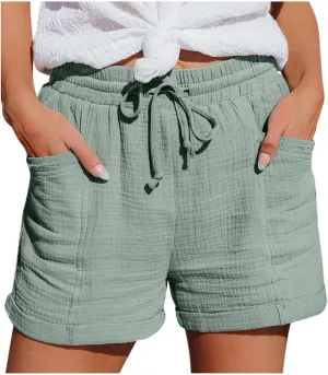 Plus Size Shorts for Women Summer Casual Comfy Linen Shorts Drawstring Elastic Waist Lightweight Hiking Shorts