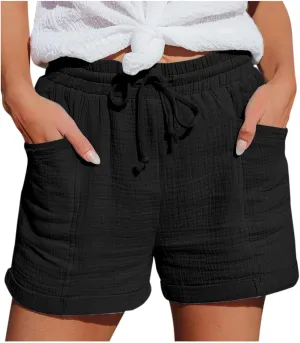 Plus Size Shorts for Women Summer Casual Comfy Linen Shorts Drawstring Elastic Waist Lightweight Hiking Shorts