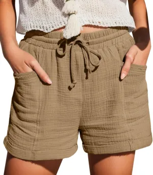 Plus Size Shorts for Women Summer Casual Comfy Linen Shorts Drawstring Elastic Waist Lightweight Hiking Shorts