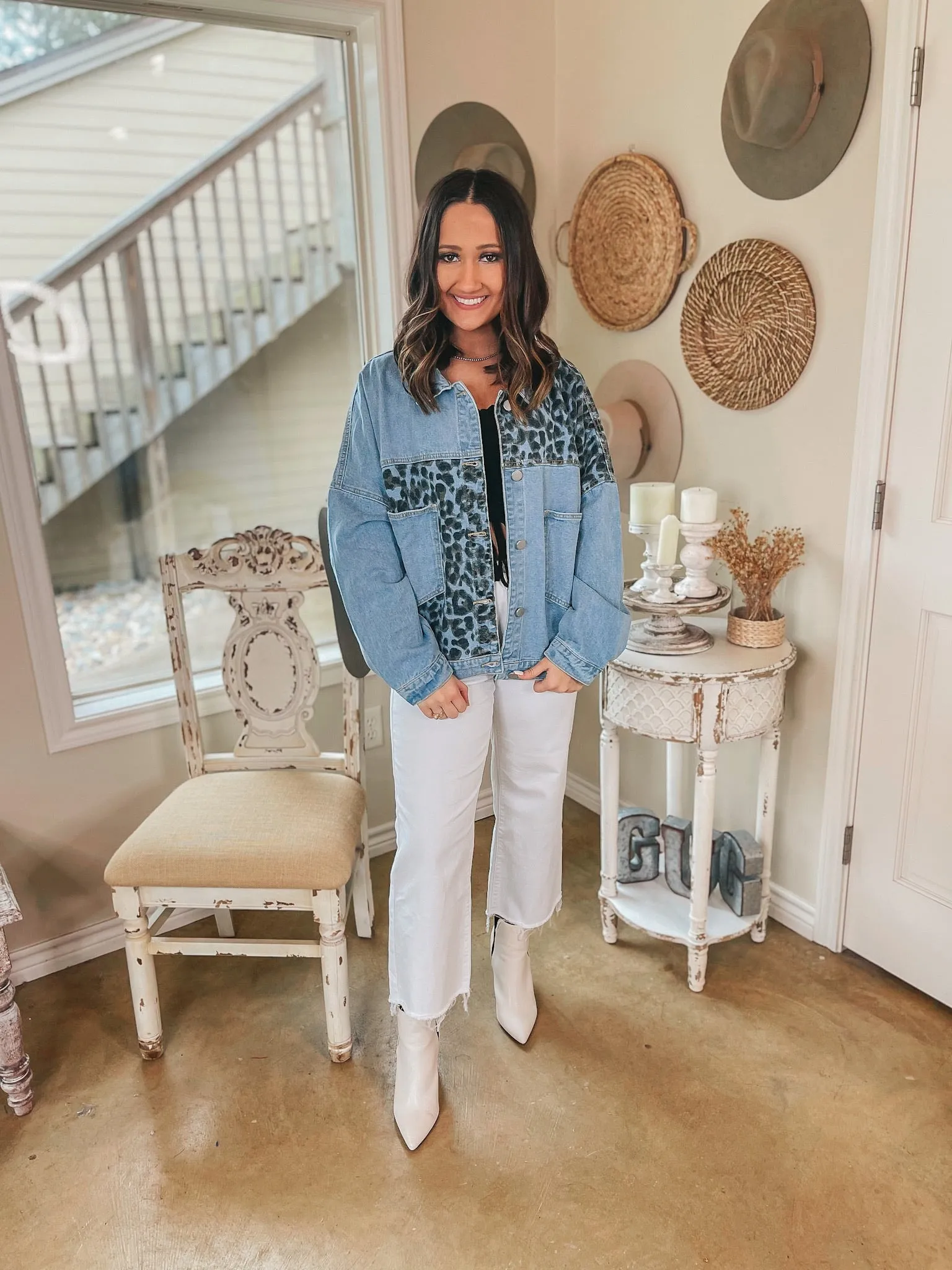 Plus Sizes | Downtown Dallas Large Pocket Leopard Mix Denim Jacket in Light Wash