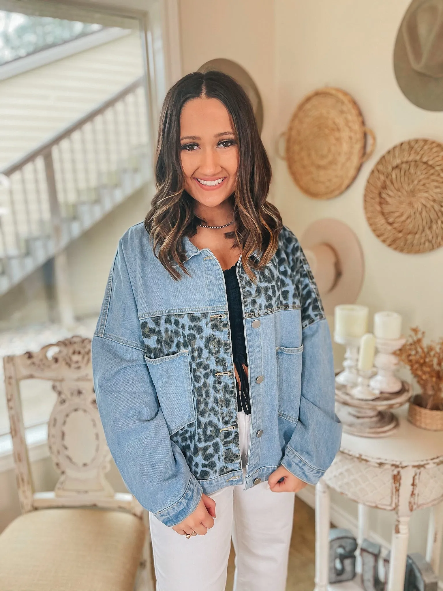 Plus Sizes | Downtown Dallas Large Pocket Leopard Mix Denim Jacket in Light Wash