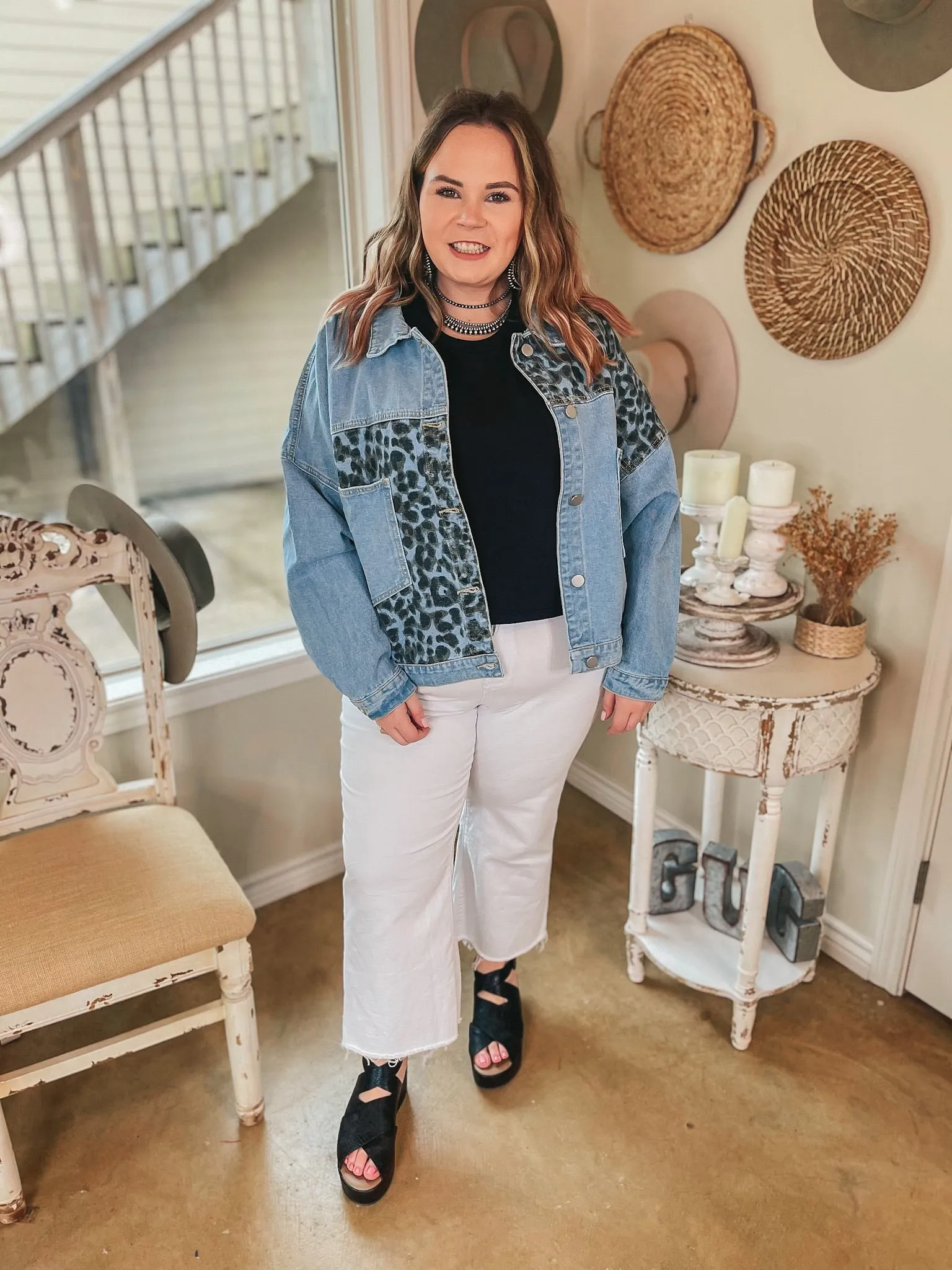 Plus Sizes | Downtown Dallas Large Pocket Leopard Mix Denim Jacket in Light Wash