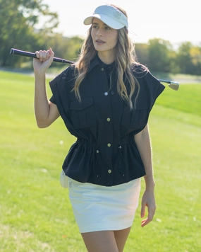 pocket collar waist band vest - Black Durable Stitch Pattern