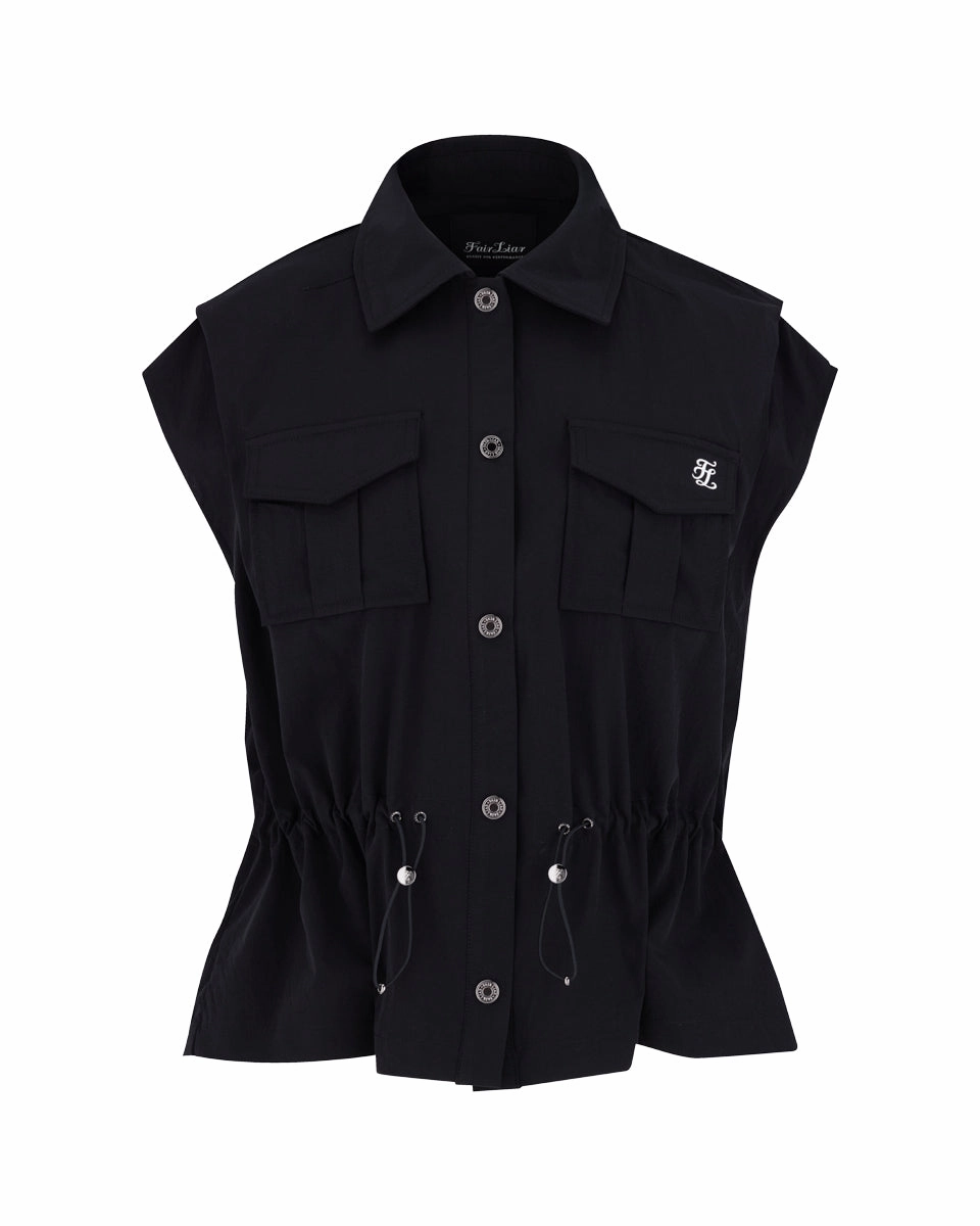 Belted Style Sustainable Recycled Material pocket collar waist band vest - Black