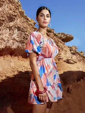 Madame Abstract Print Multi Colour V-Neck Mini Dress Fair-Trade