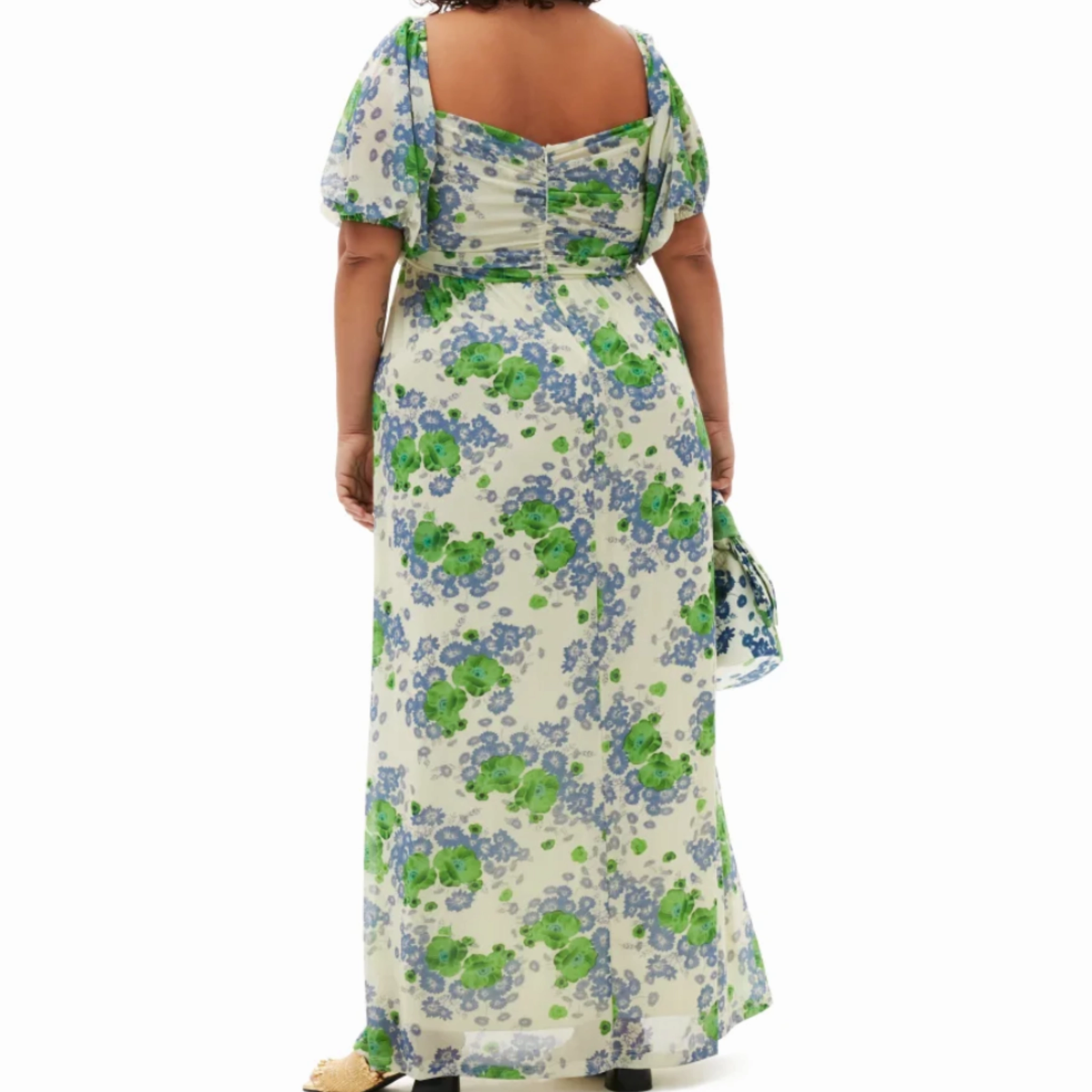 Printed Mesh Puff Sleeve Dress Work Pairing Low-Waist