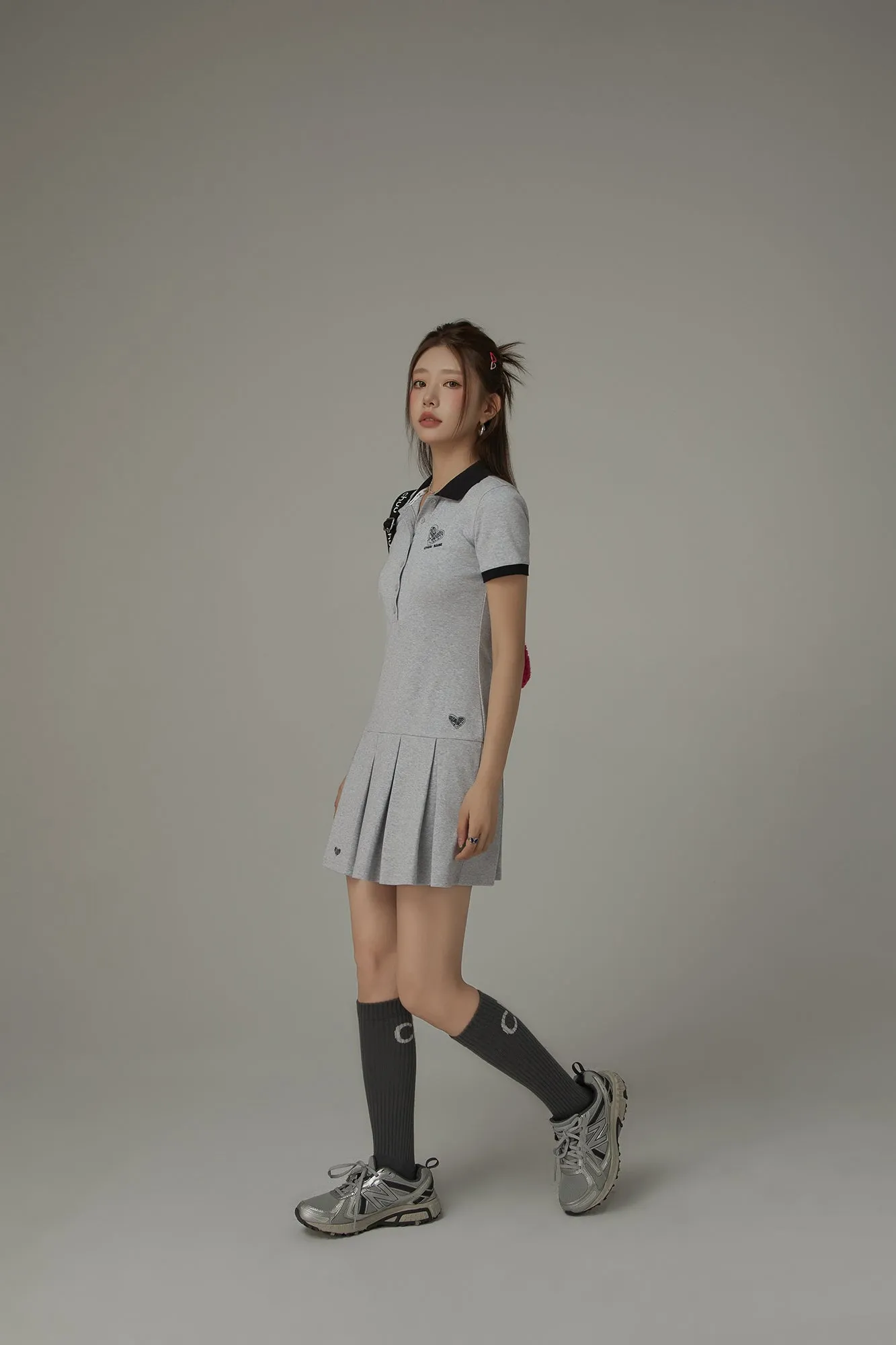 Polo Neck Pleated Short Sleeve Dress