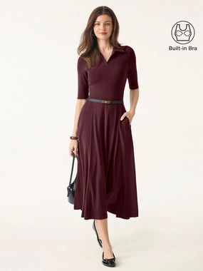Polo Neck Elbow Length Sleeve Midi Brami Dress with Pockets Adjustable Cuff Basic Dress