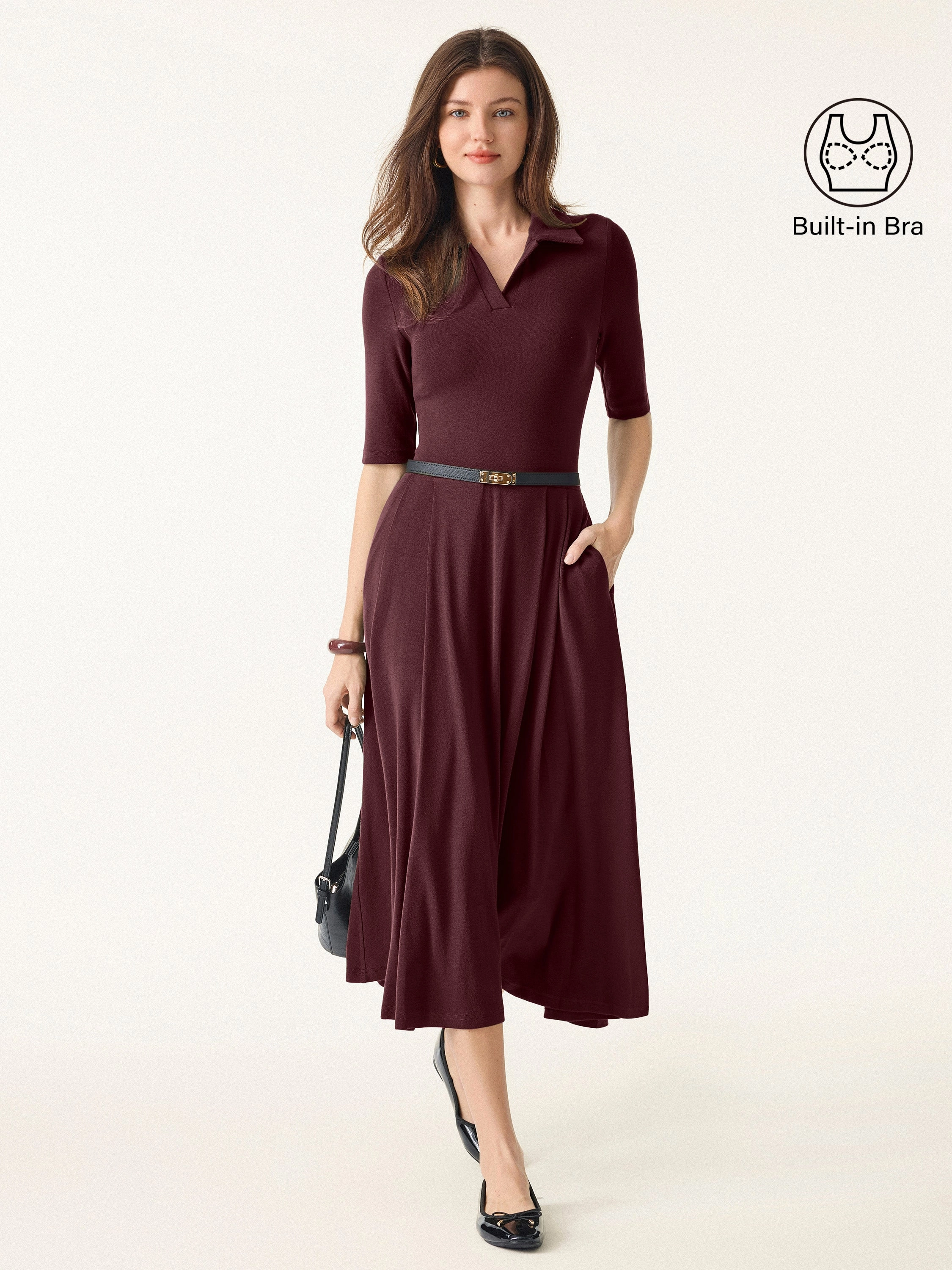 Polo Neck Elbow Length Sleeve Midi Brami Dress with Pockets EcoCertified Material Multi Way Adjustable Fit