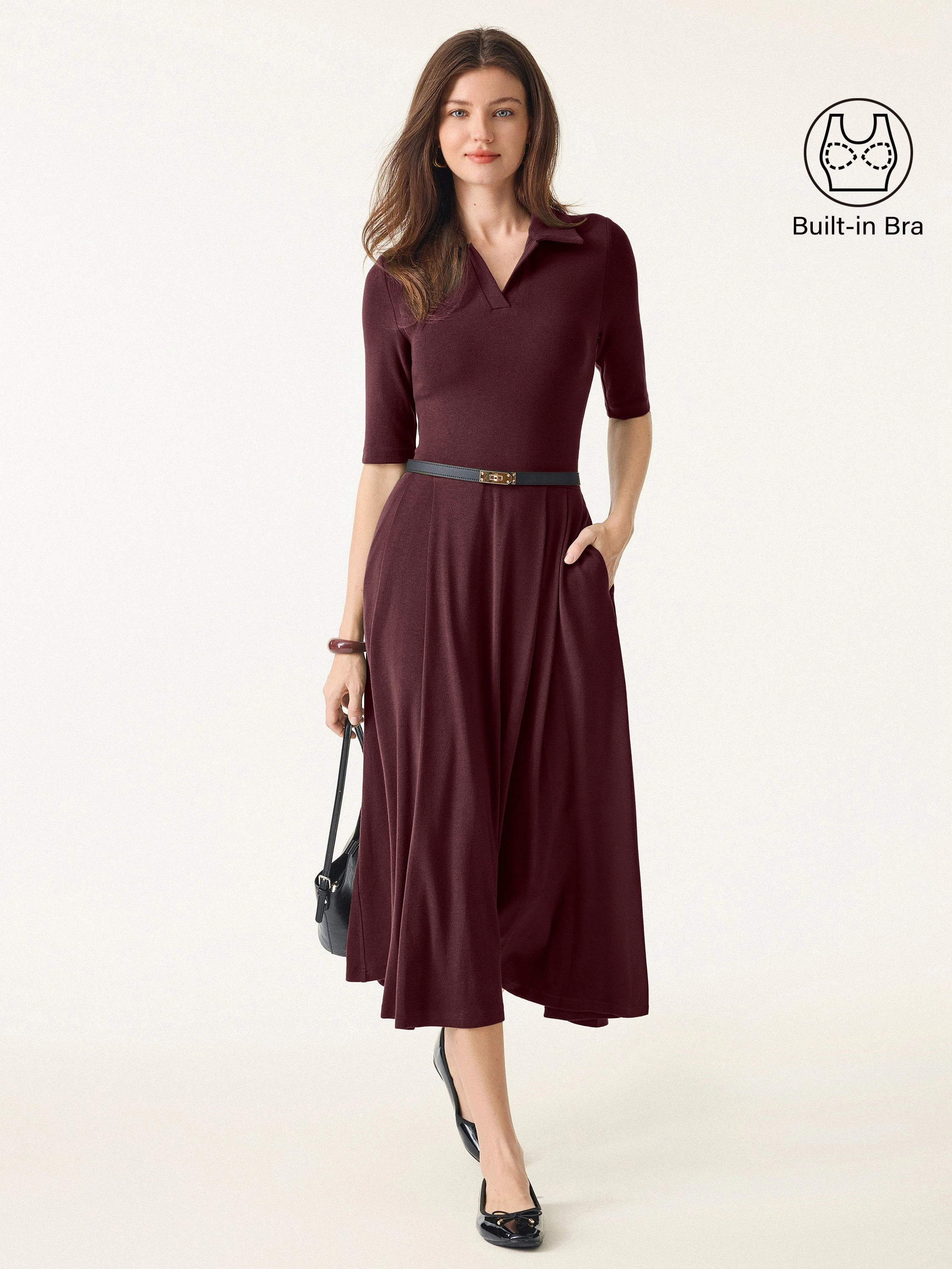 Polo Neck Elbow Length Sleeve Midi Brami Dress with Pockets ChafeFreeEdging Airflow Ventilation Zones