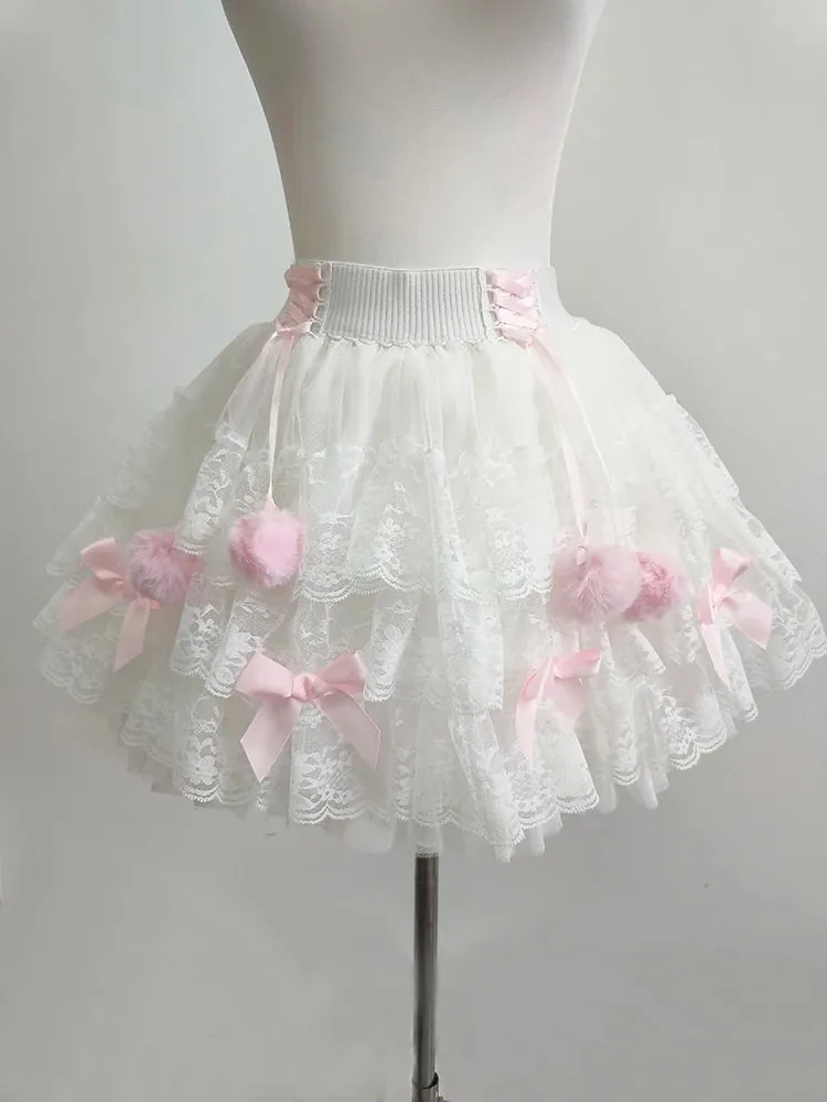 PomPom Balletcore Princess Coquette Style Lace Skirt with Bows