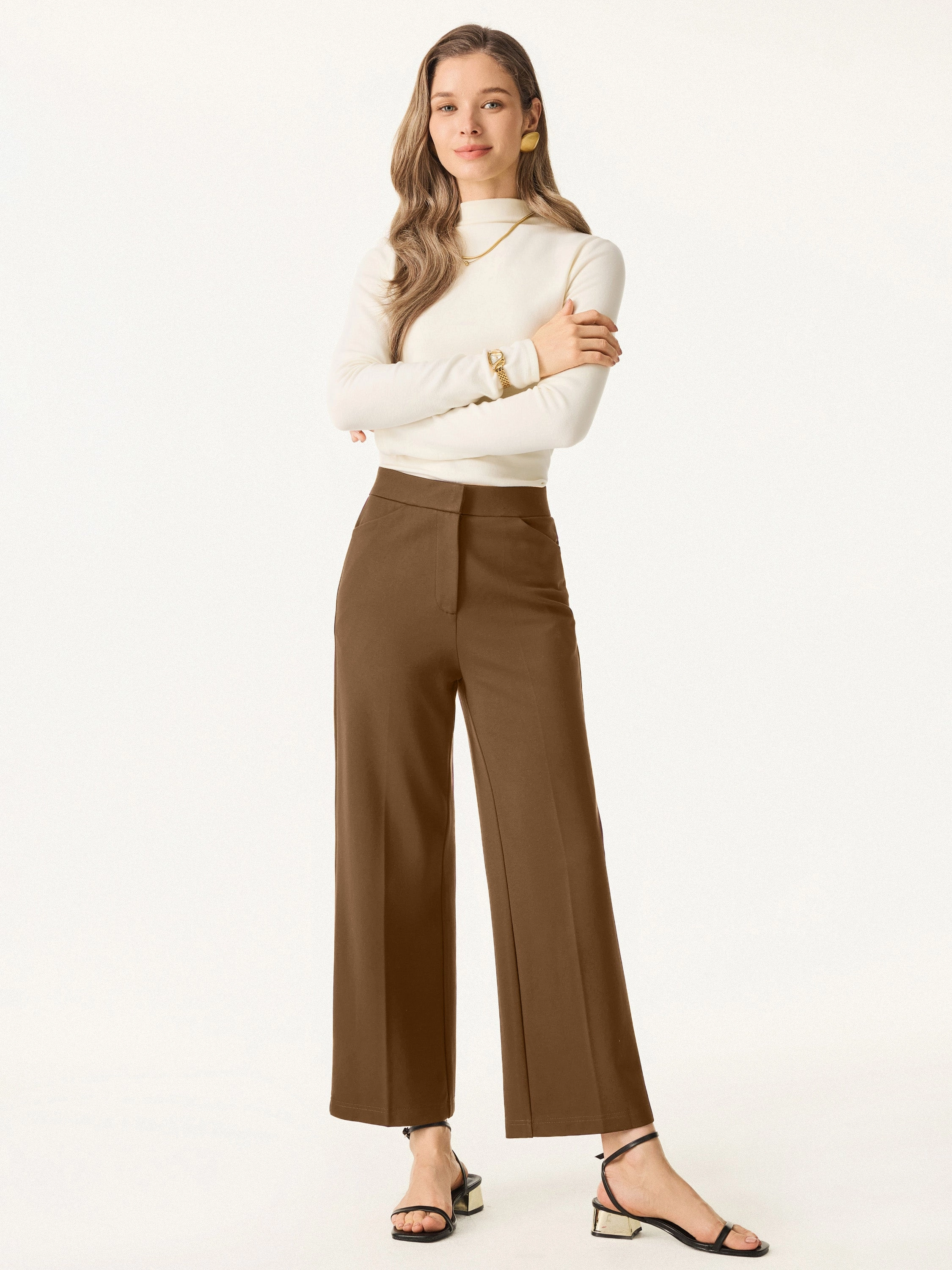 Comfy Feel Ponte High Rise Straight Leg Cropped Fly-Front Trousers with Pockets