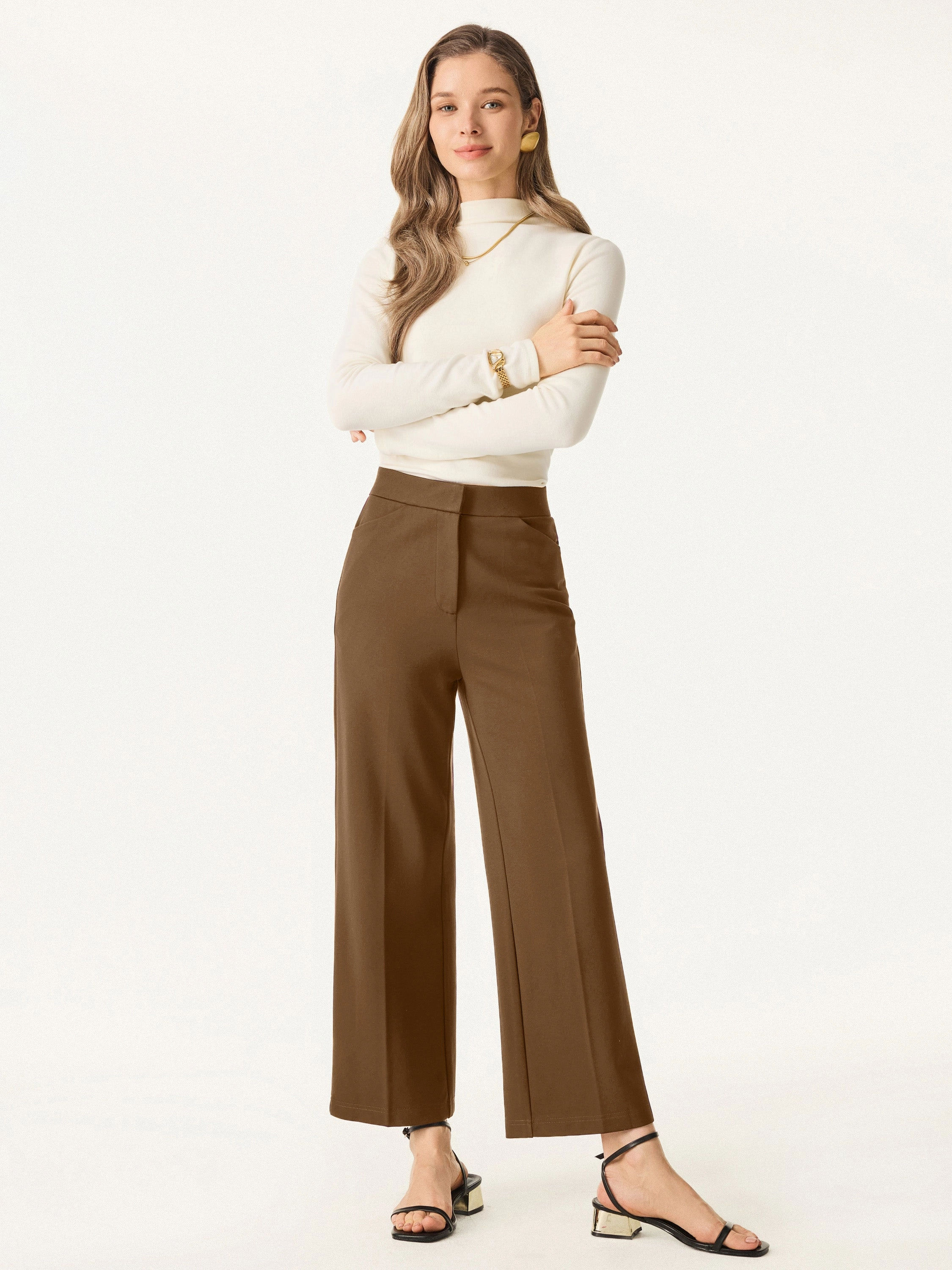 Ponte High Rise Straight Leg Cropped Fly-Front Trousers with Pockets Flattering Comfort Active Comfort Fit