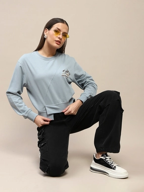 Madame Cotton Embroidery Detailed Light Sky Crop Sweatshirt product affordability
