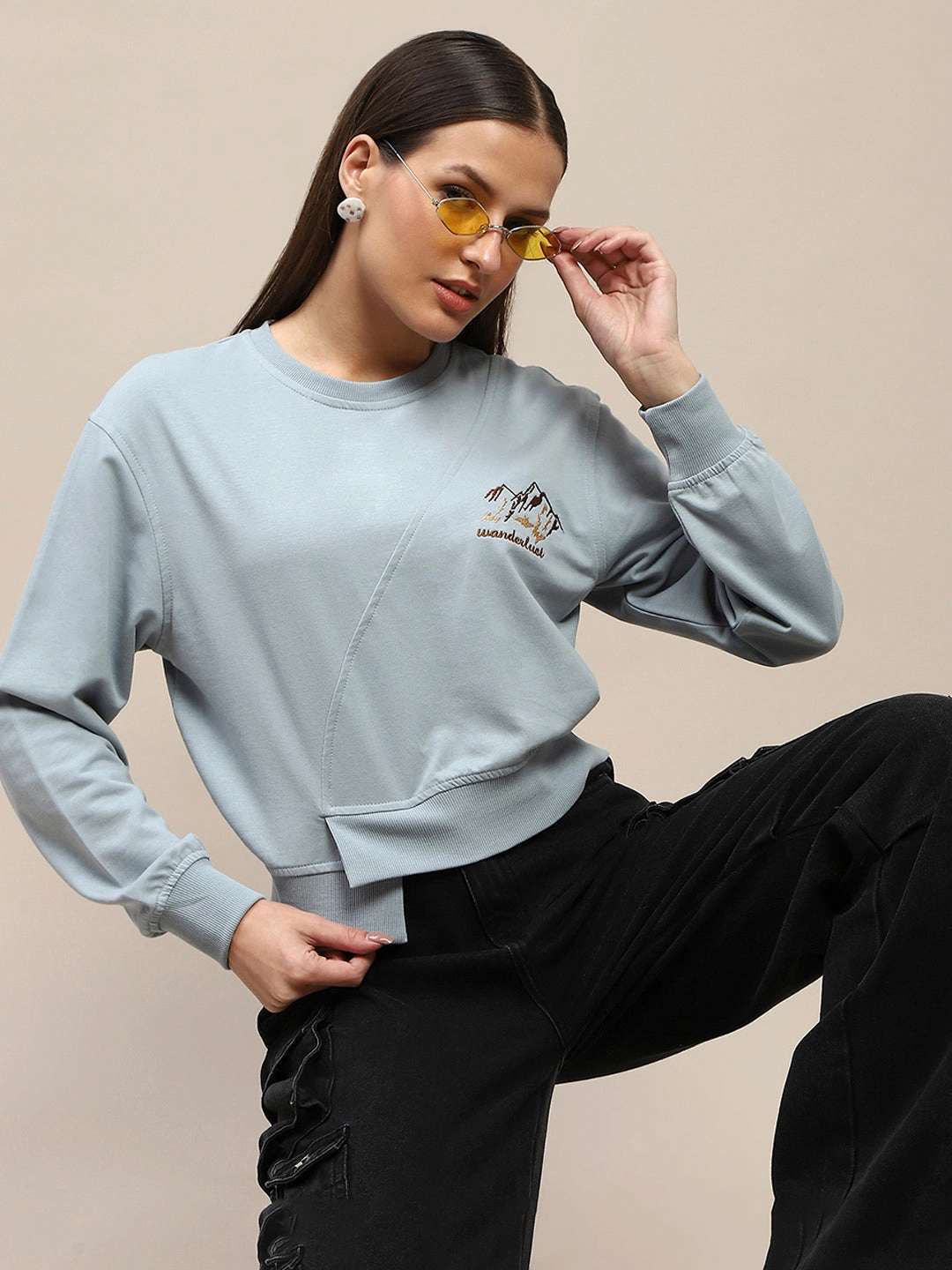 Core Minimal Madame Cotton Embroidery Detailed Light Sky Crop Sweatshirt