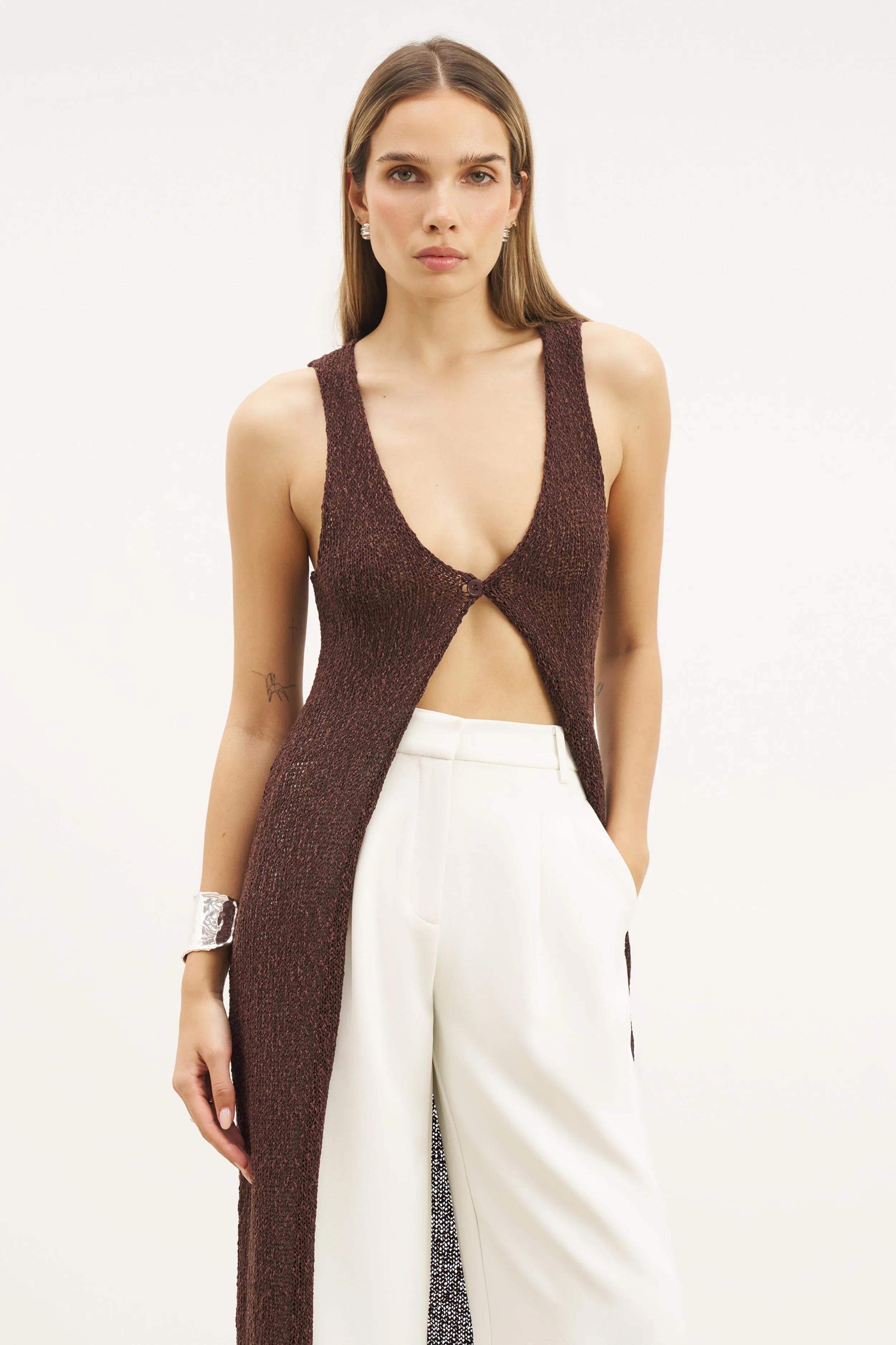 Garment Washed Softness Crochet Knit V Neck Maxi Waistcoat - Carob