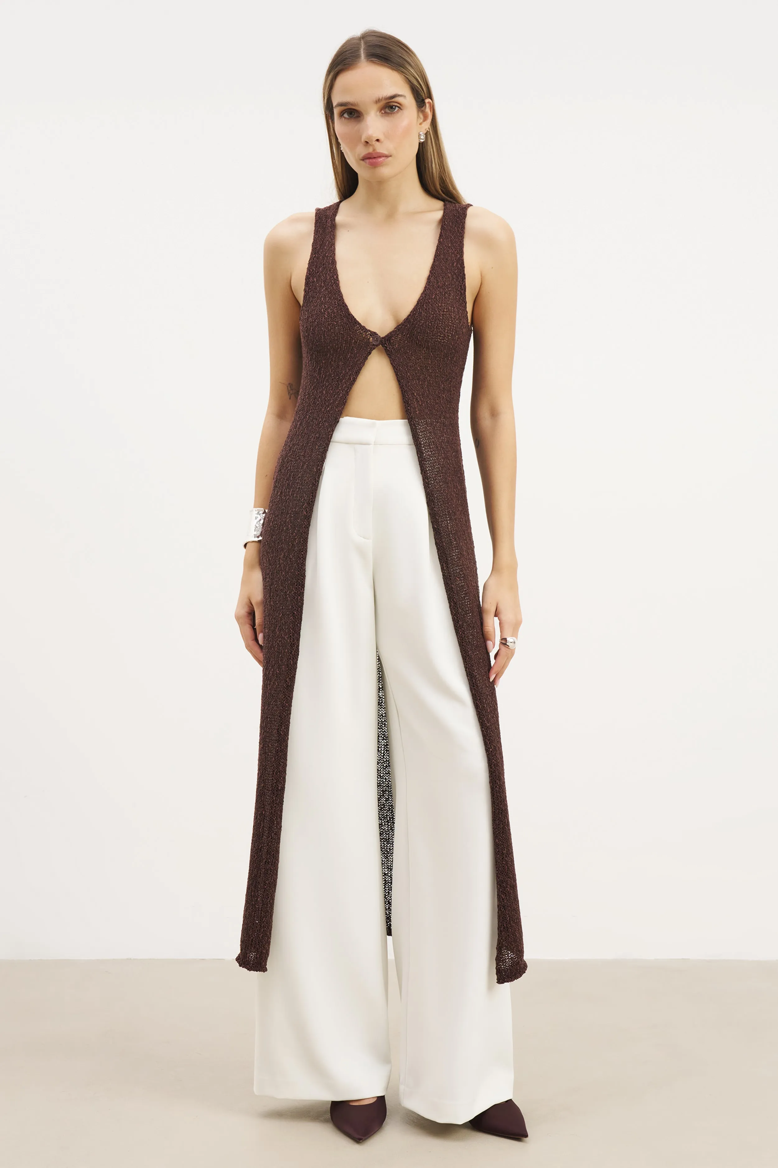 Crochet Knit V Neck Maxi Waistcoat - Carob FlexibleKnit