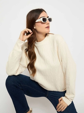 tribal print Core Layer Madame Knitted Self-Textured Off White Sweatshirt