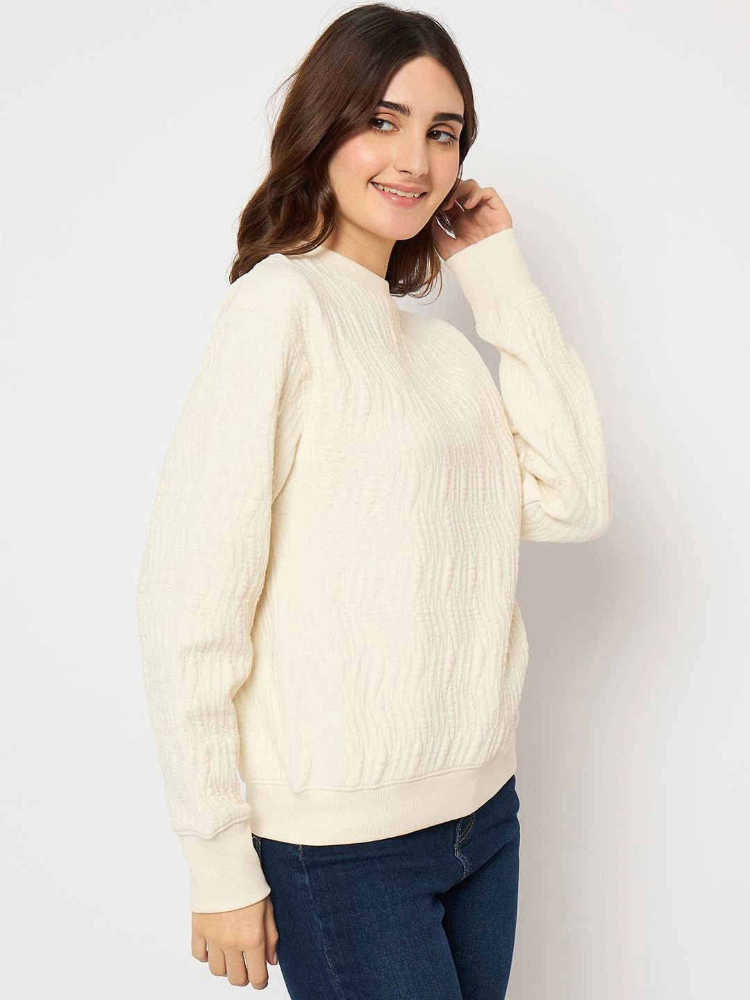 Madame Knitted Self-Textured Off White Sweatshirt Warm Layers product custom made perfection