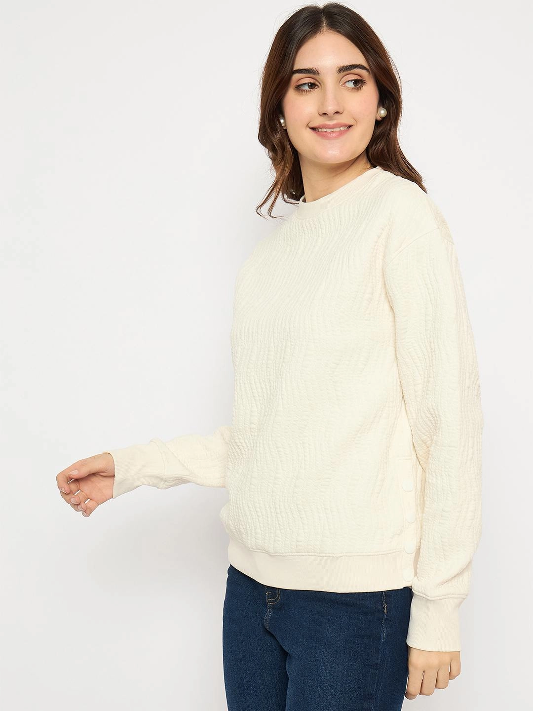 Madame Knitted Self-Textured Off White Sweatshirt hot weather wear product future prospects