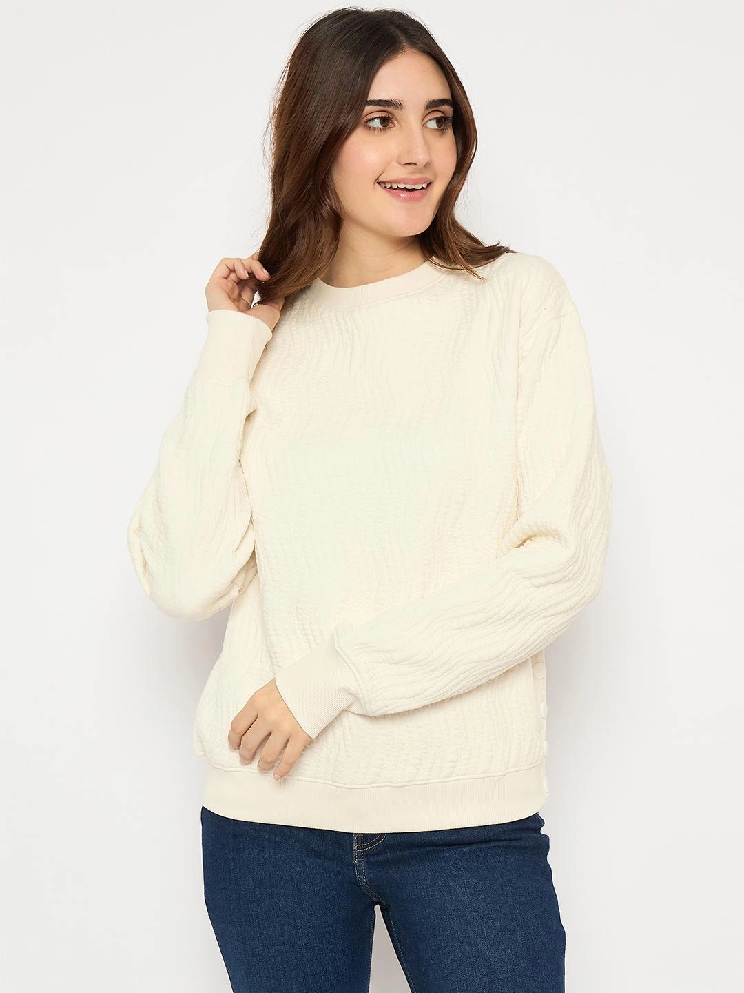 Madame Knitted Self-Textured Off White Sweatshirt Comfortable Layers