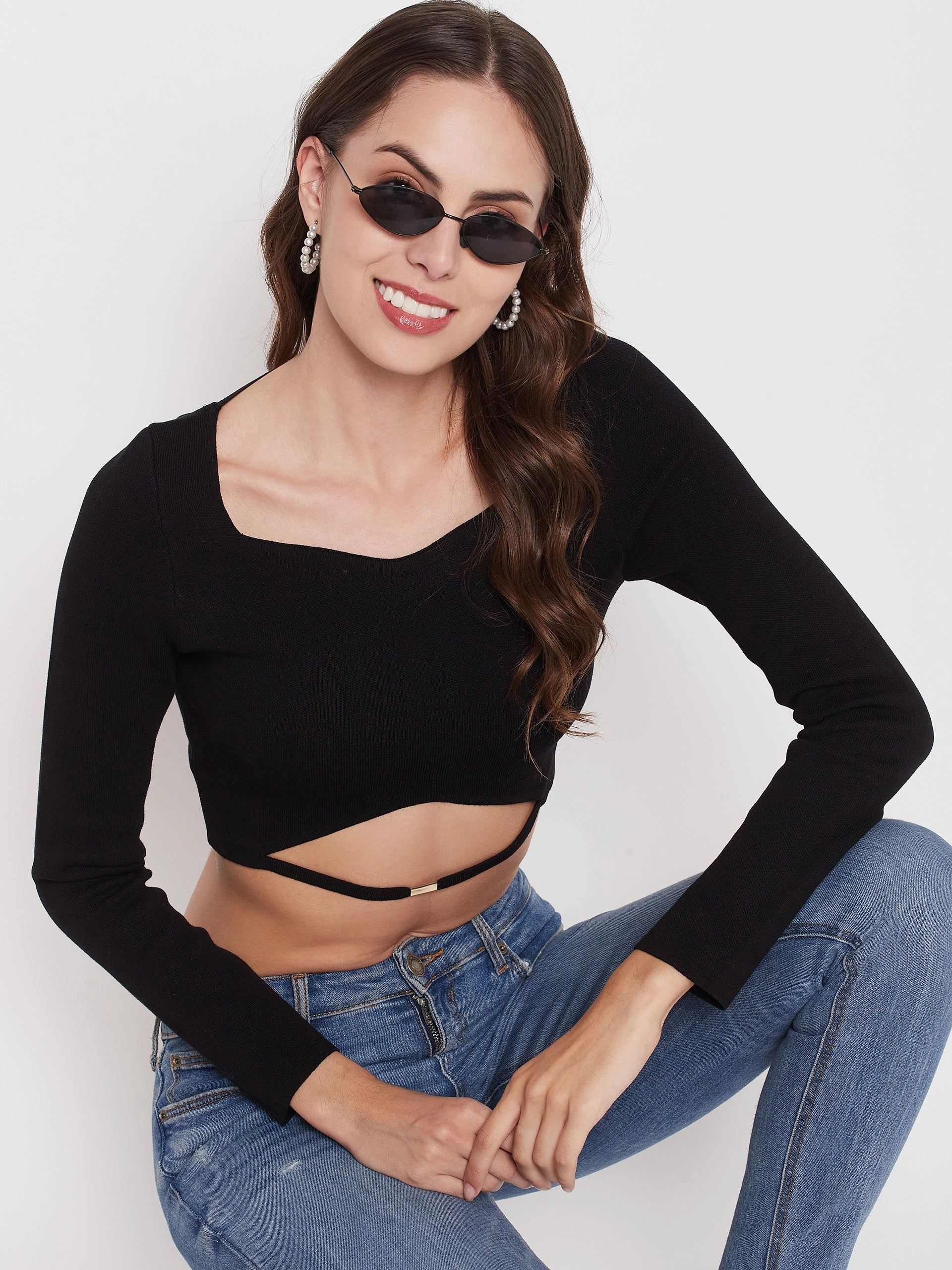 Madame Black Square Neck Cut-Out Crop Top Textured Weave High Neckline Structure