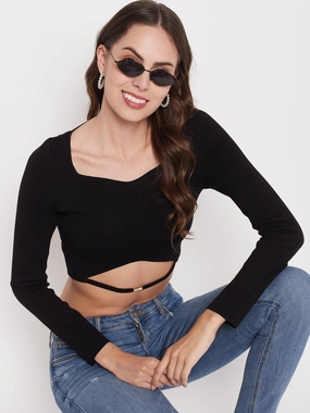 Madame Black Square Neck Cut-Out Crop Top RibbedCuff Ultraviolet Protection Finish